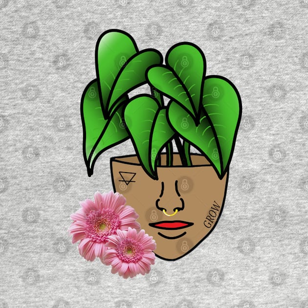 Surreal Tropical House Plant, Pot Head, with Pink Gerber Daisy by Tenpmcreations